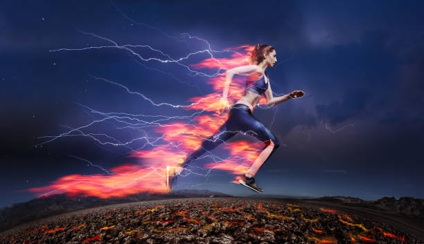 Woman running fast against stormy sky with flash Side view of sporty woman running fast against stormy sky with lightning and tongues of flame track event photos stock pictures, royalty-free photos & images