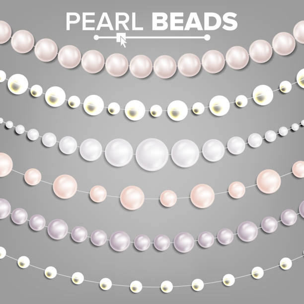 ilustrações, clipart, desenhos animados e ícones de pérola defina vetor. guirlandas de 3d realista branco brilhante. colar de joias. casamento, decoração de natal. ilustração - vector love jewelry pearl