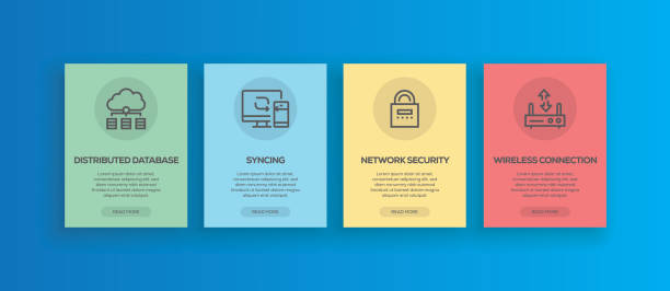 登録アプリの画面と web コンセプトのベクトル イラスト。分散データベースの同期ネットワーク セキュリティ ワイヤレス - multi colored business network server it support点のイラスト素材／クリップアート素材／マンガ素材／アイコン素材