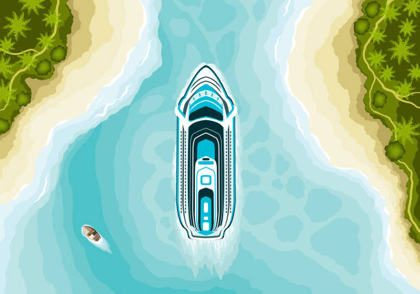 평면도의 여름 풍경에 유람선 - cruise ship cruise travel water stock illustrations