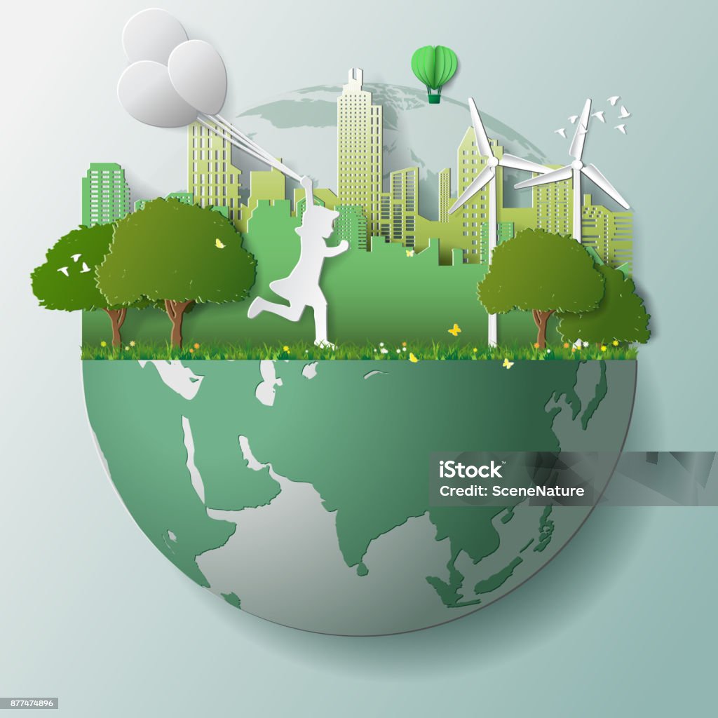 Erneuerbare Energie Ökologie Technologie Strom sparenden umweltfreundliche Konzepte, Mädchen laufen grün und Ballons in den Parks in der Nähe der Stadt auf der ganzen Welt zu halten - Lizenzfrei Nachhaltige Entwicklung Vektorgrafik