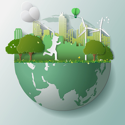 Paper folding art origami style vector illustration. Green renewable energy ecology technology power saving environmentally friendly concepts, girl run and hold balloons in parks near city on globe