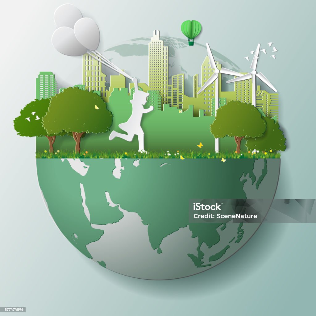 Green renewable energy ecology technology power saving environmentally friendly concepts, girl run and hold balloons in parks near city on globe Paper folding art origami style vector illustration. Green renewable energy ecology technology power saving environmentally friendly concepts, girl run and hold balloons in parks near city on globe Sustainable Resources stock vector