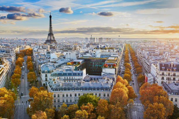 Aerial panoramic cityscape view of Paris, France Aerial panoramic cityscape view of Paris, France with the Eiffel tower on a fall day paris france stock pictures, royalty-free photos & images