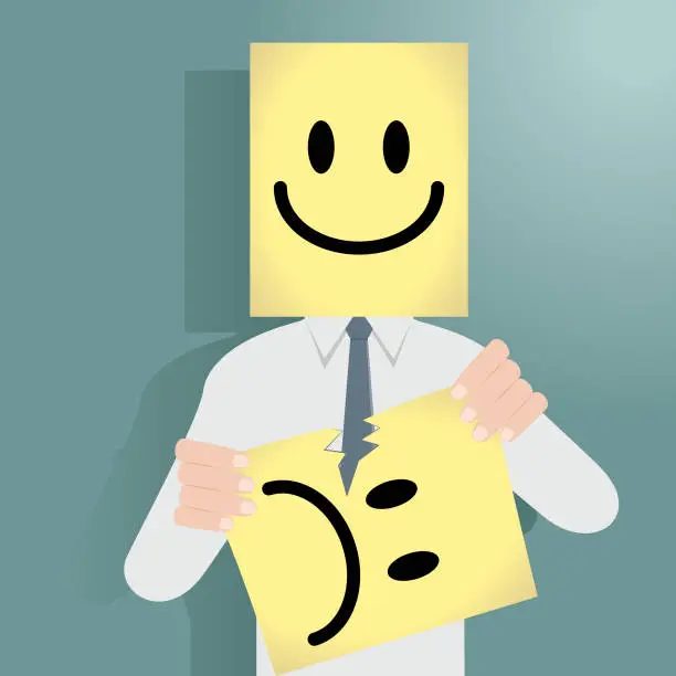 Vector illustration of Businessman behind a happy mask tearing an unhappy mask