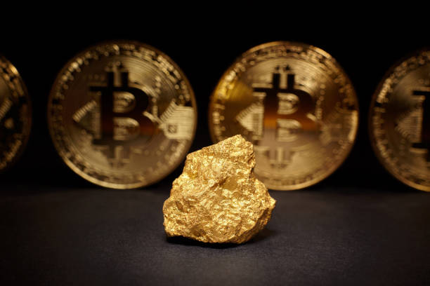 Closeup of big gold nugget and Gold Bitcoins Coins on black background Kiev, Ukraine - October 10, 2017: Studio shot of Closeup of big gold nugget and Gold Bitcoins Coins on black background. The Bitcoin was invented by Satoshi Nakamoto in 2008 as a digital form of money"nThis is a close up photo of several gold plated bitcoins together symbolizing the bit coin market, modern technology, finance, internet, trading, etc. "nBitcoin introduced in 2009 cross-national payment system in the form of virtual money, to be used in the cryptographic techniques (cryptocurrency). gold bitcoin stock pictures, royalty-free photos & images