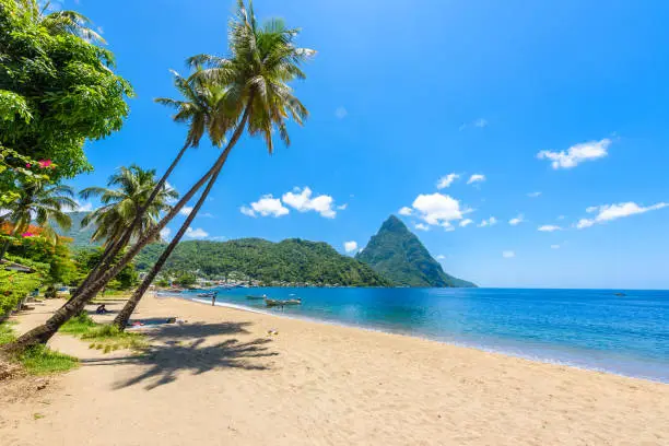 Photo of Paradise beach at Soufriere Bay with view to Piton at small town Soufriere in Saint Lucia, Tropical Caribbean Island.