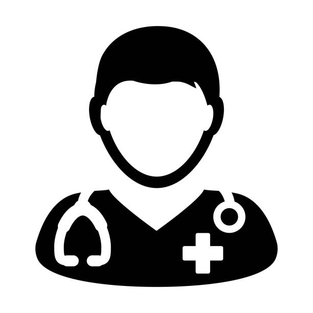 ilustrações, clipart, desenhos animados e ícones de vetor de ícone médico consulta médica médico masculino pessoa avatar com estetoscópio e cruz símbolo glifo pictograma - dentist patient healthcare and medicine vector