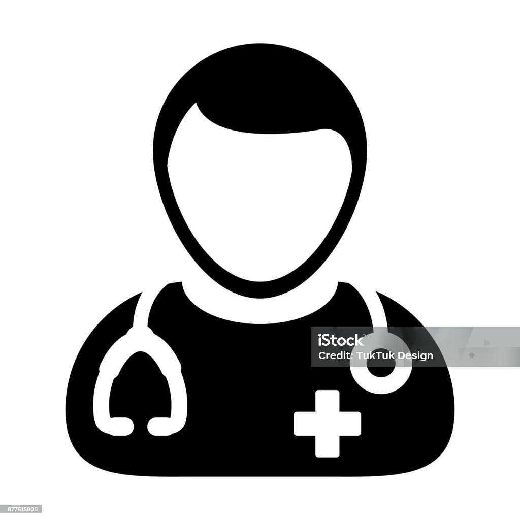 Médico icono Vector consulta médica médico masculino persona Avatar con estetoscopio y Cruz símbolo pictograma pictogramas - arte vectorial de Ícono libre de derechos