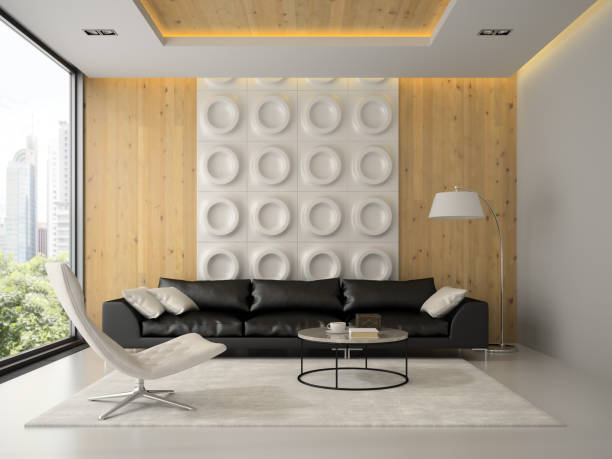 istock Interior of modern design room with black couch 3D rendering 877585698
