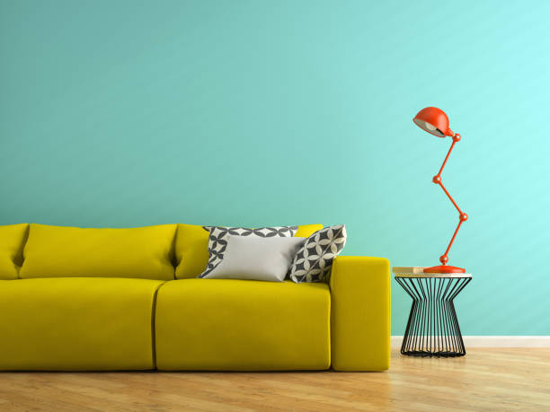 istock Part of interior with yellow sofa and red lamp 3D rendering 877603388