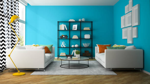 istock Interior of living room with glass shelf 3D rendering 877605214
