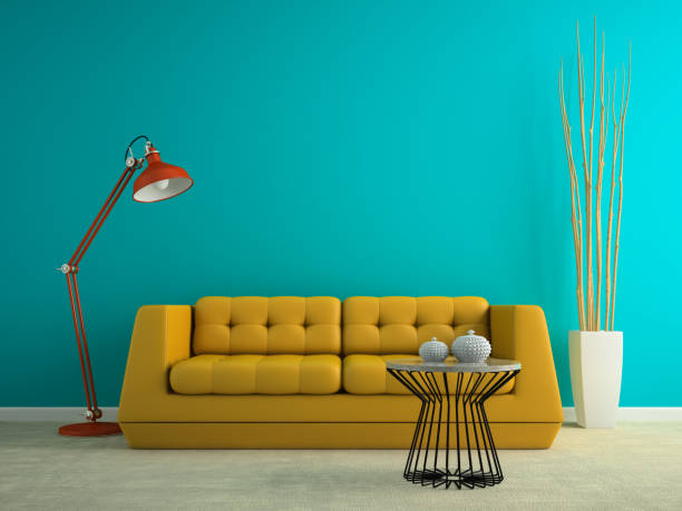 istock Part of interior with yellow sofa 3D rendering 877608878