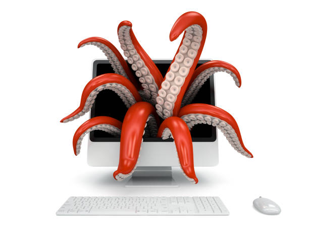 tentáculos saliendo de la pantalla del ordenador - octopus tentacle isolated white fotografías e imágenes de stock