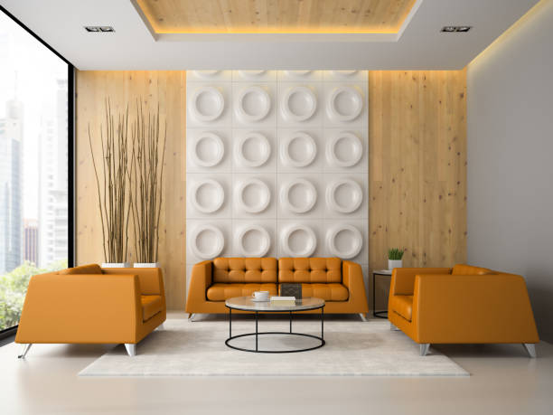 istock Interior of living room with orange armchairs and sofa 3D render 877618088