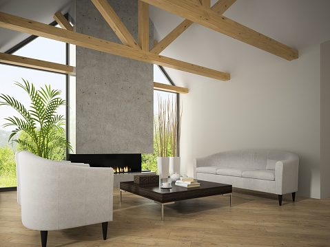 Interior of living room with  armchairs and fireplace 3D rendering