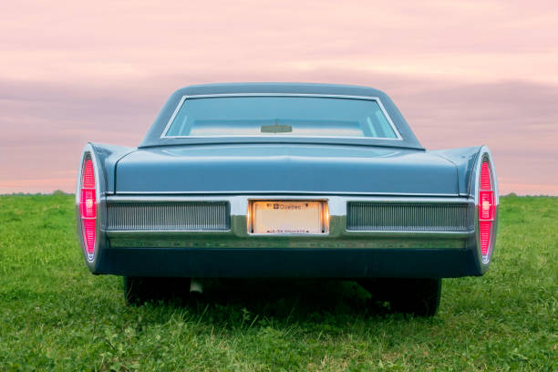 An old blue Fleetwood Cadillac 1967 parked in a field at sunset, with green grass and a purple pink sky wrapping the vehicle in an evening glow.  An old car with its manufacturer’s blue paint, pimped up to drive and look like new.  Graphic and central view of the rear with tail lights on.