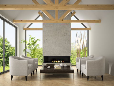 Interior of living room with  armchairs and fireplace 3D rendering