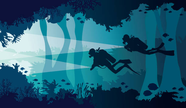 Scuba diver, lantern, coral reef, underwater cave and sea. Silhouette of two scuba divers with lantern, coral reef with school of fish and underwater cave on a blue sea. Vector nature illustration. underwater diving stock illustrations
