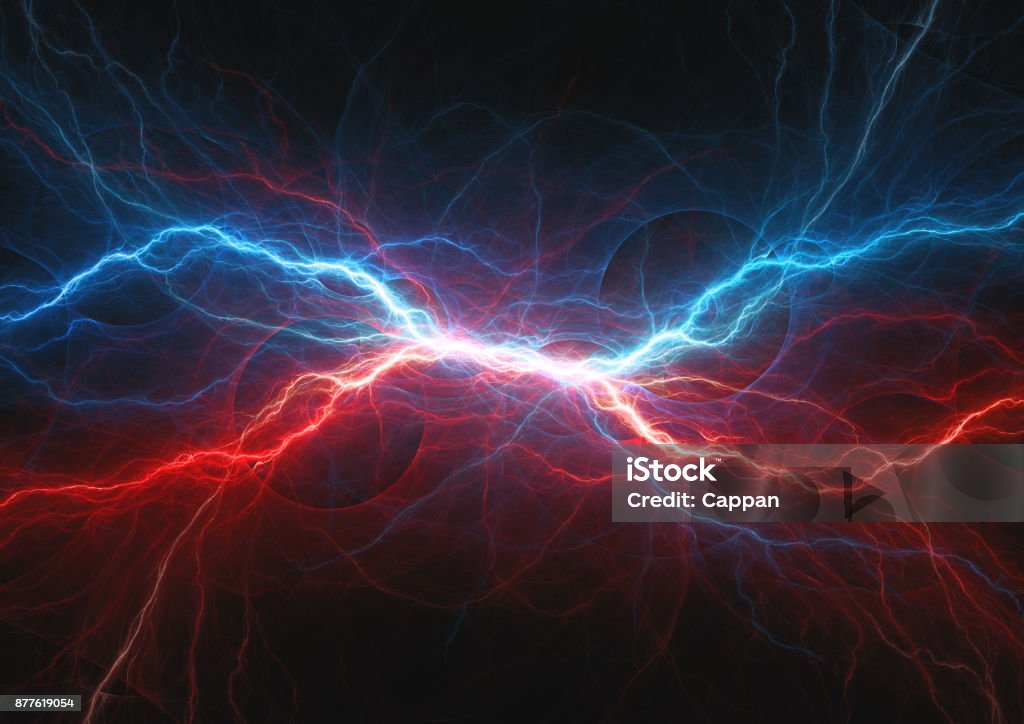 Red and blue electrical lightning, firea and icel plasma Lightning Stock Photo