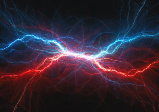 Red and blue electrical lightning, firea and icel plasma stock photo