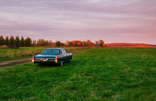 The driver and his girlfriend are parked in an old car in a field to watch the burning red sunset fall on the distant forest.  Green grass and a purple pink sky wrap the vehicle in an evening glow.  An old car with its manufacturer’s blue paint, pimped up by the driver, drives and looks like new.  View of the rear of the car.