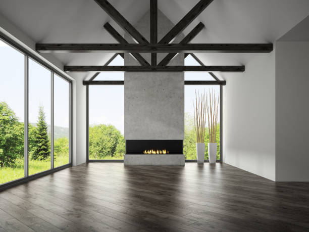 interior empty room with rafters and fireplace 3d rendering 3 - concret imagens e fotografias de stock