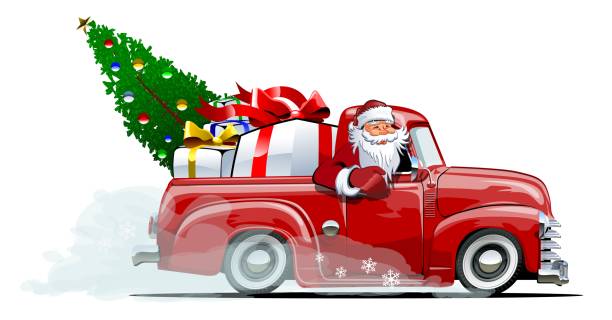 bildbanksillustrationer, clip art samt tecknat material och ikoner med cartoon retro jul pickup - vinter väg bil