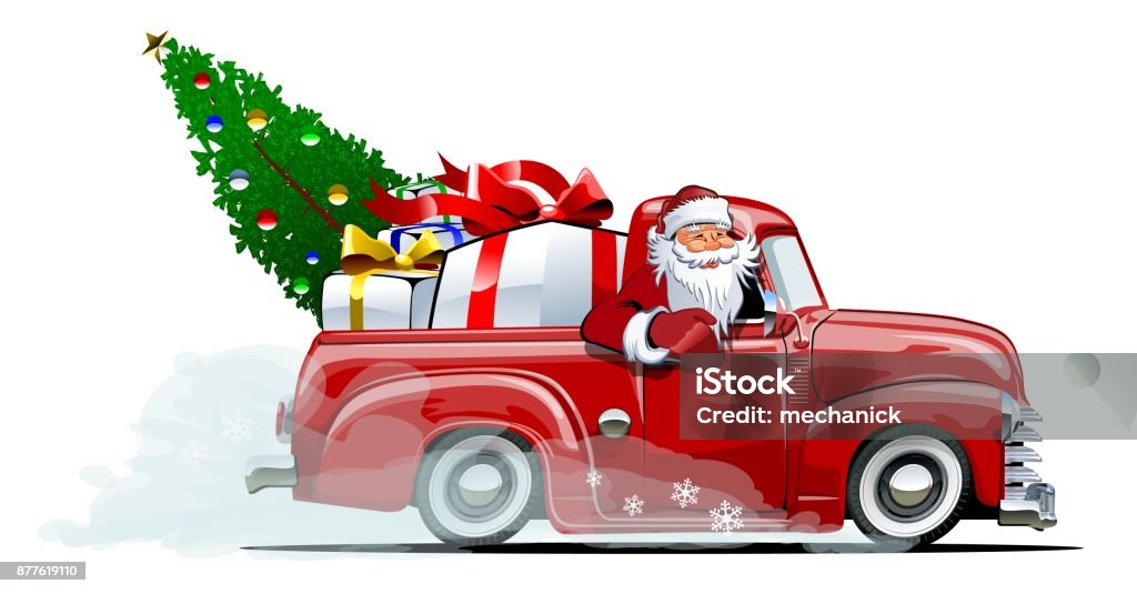 Cartoon retro Christmas pickup Cartoon retro Christmas delivery truck. Available eps-10 vector format separated by groups with transparency effects for one-click repaint Santa Claus stock vector