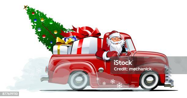 Cartoon Retro Christmas Pickup Stock Illustration - Download Image Now - Santa Claus, Pick-up Truck, Car