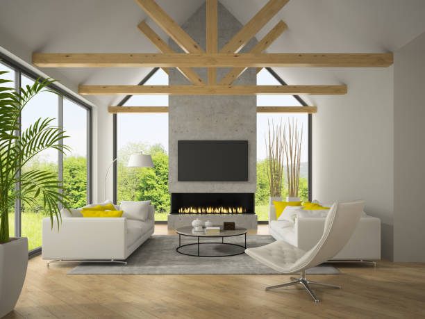 istock Interior of living room with  sofas and fireplace 3D rendering 877619236