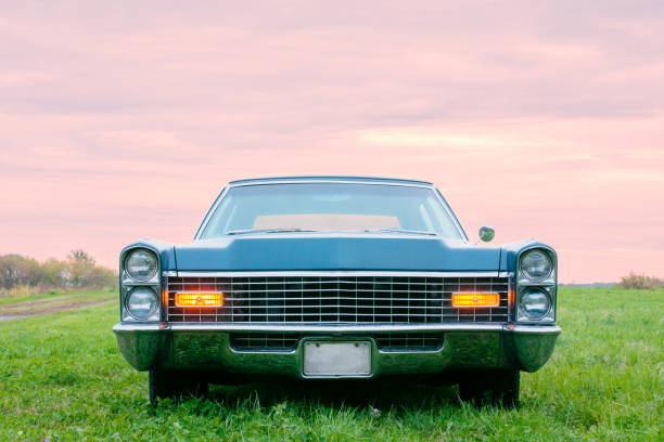 istock Old blue 1967 car parked at sunset in a field 877619446