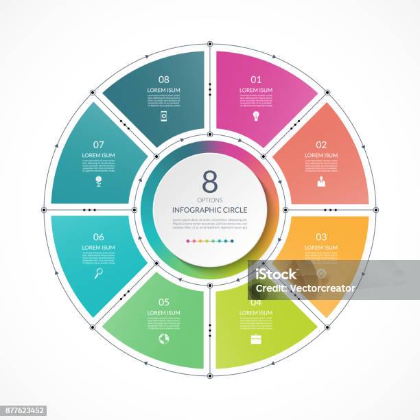 Infographic Circle In Thin Line Flat Style Business Presentation Template With 8 Options Parts Steps Can Be Used For Cycle Diagram Graph Round Chart Stock Illustration - Download Image Now