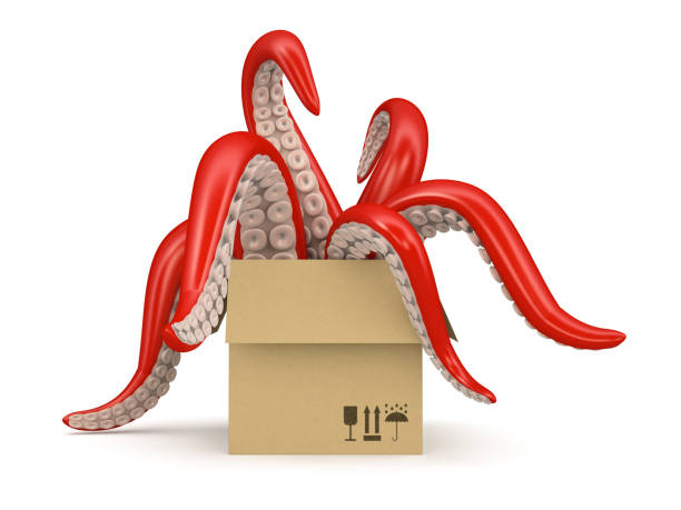 tentacoli rossi in una scatola di cartone isolata su sfondo bianco - octopus tentacle isolated white foto e immagini stock
