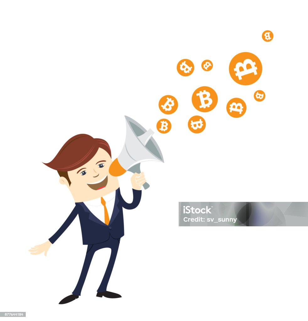 Funny businessman shouting announce financial news bitcoin digital currency cryptocurrency Funny businessman shouting announce financial news bitcoin bit coin digital currency cryptocurrency grow.Orange coin with bitcoin symbol isolated white background.Vector illustration flat style design Adult stock vector