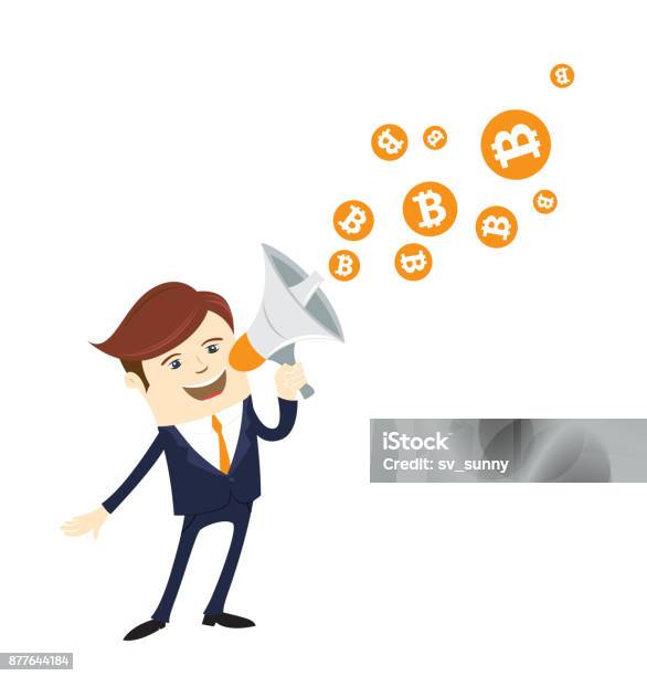 Funny Businessman Shouting Announce Financial News Bitcoin Digital Currency Cryptocurrency Stock Illustration - Download Image Now