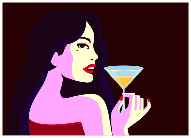 stockillustraties, clipart, cartoons en iconen met glamoureuze vrouw drinken cocktailglas minimale vectorillustratie - drinking wine
