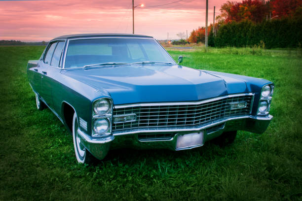 istock Old blue 1967 car parked at sunset in a field 877652476