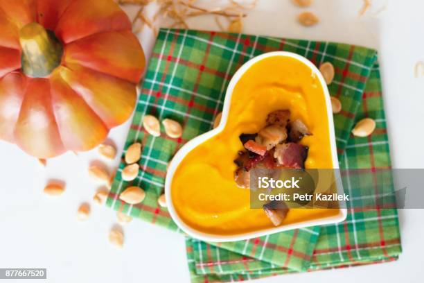 Heart Shaped Bowl Of Cream Pumpkin Soup Stock Photo - Download Image Now - Bacon, Bowl, Cooked