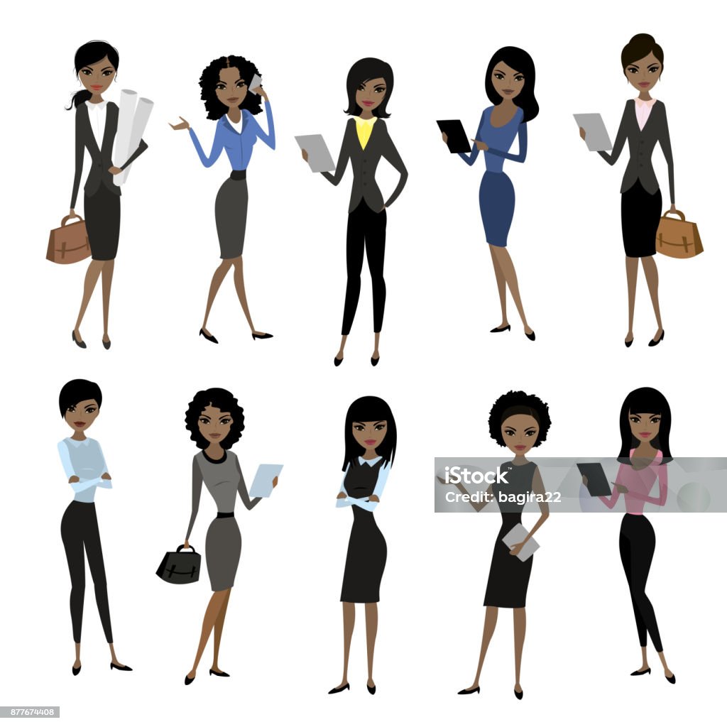 Women in office clothes. Set african american Women in office clothes. Beautiful woman in business clothes. Vector illustration Businesswoman stock vector