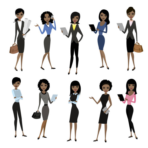 Women in office clothes. Set african american Women in office clothes. Beautiful woman in business clothes. Vector illustration business casual fashion stock illustrations