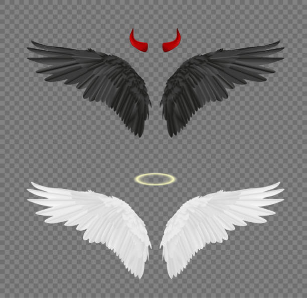 天使と悪魔の現実的な翼、角、透明な背景に分離されたヘイローのセット - halo点のイラスト素材／クリップアート素材／マンガ素材／アイコン素材