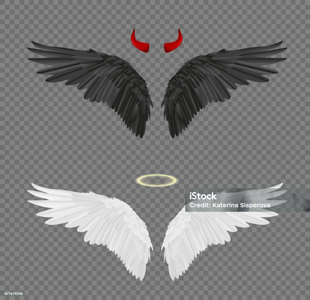 Set of angel and devil realistic wings, horns and halo isolated on transparent background Set of angel and devil realistic wings, horns and halo isolated on transparent background. Angel stock vector