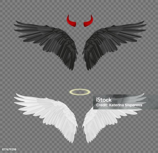 Set Of Angel And Devil Realistic Wings Horns And Halo Isolated On Transparent Background Stock Illustration - Download Image Now