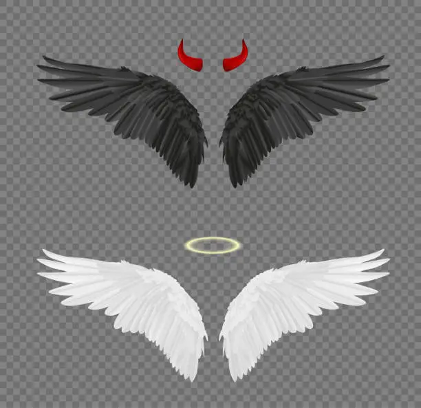 Vector illustration of Set of angel and devil realistic wings, horns and halo isolated on transparent background