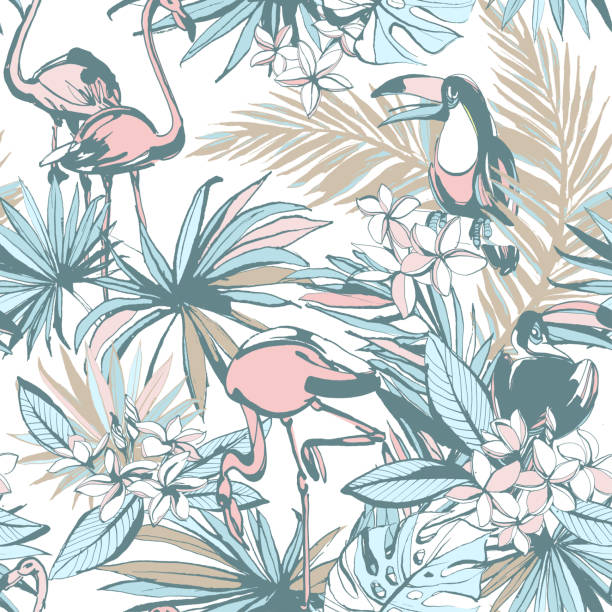 illustrazioni stock, clip art, cartoni animati e icone di tendenza di foglie di palma a inchiostro con motivo tropical seamless disegnate a mano fenicottero di toucan. - white pink flamingo blue