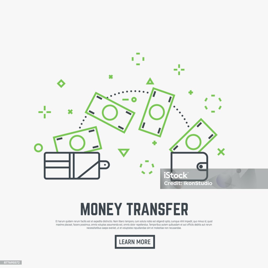 Money transfer concept Money transfer concept. Two leather wallets with banknotes transferring. Receiving and sending money from one wallet to another. Modern line style vector illustration. Currency stock vector