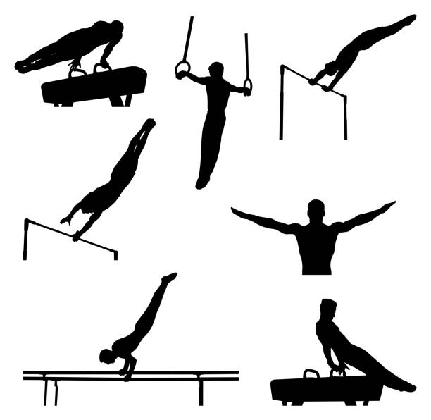 ÐÑÐ½Ð¾Ð²Ð½ÑÐµ RGB set men athletes gymnasts in artistic gymnastics silhouette gymnastics stock illustrations