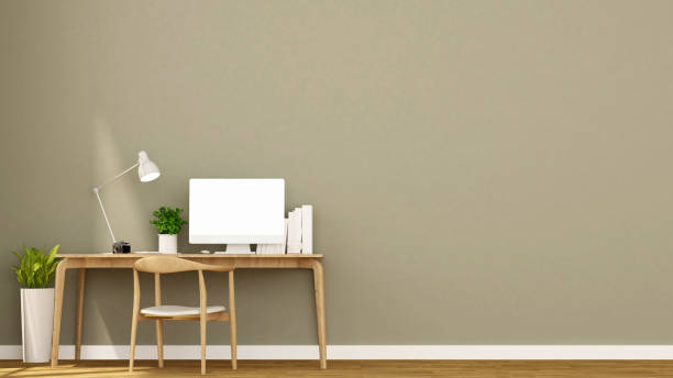 istock workspace and bright gray wall in home or apartment - Interior design for artwork - 3D Rendering 877703772
