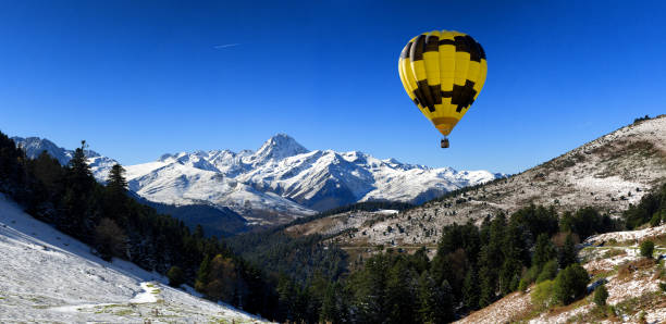 istock hot air balloon with mountains Pic du Midi de Bigorre Pyrenees 877704152